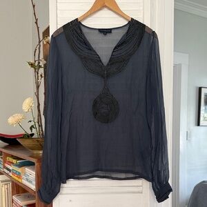 Antik Batik navy blue Sheer Blouse with black leather Embroidered Detail